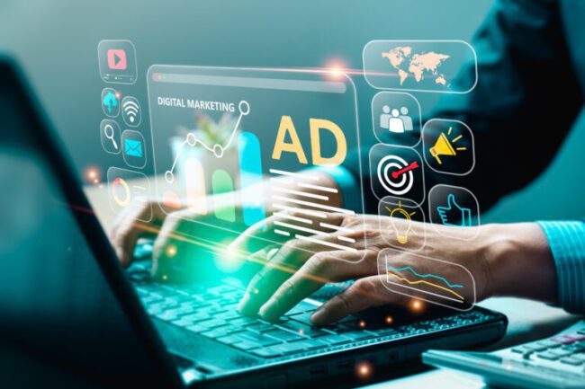 Digital marketing commerce online sale concept, Promotion of products or services through digital channels search engine, social media, email, website, Digital Marketing Strategies and Goals. SEO PPC